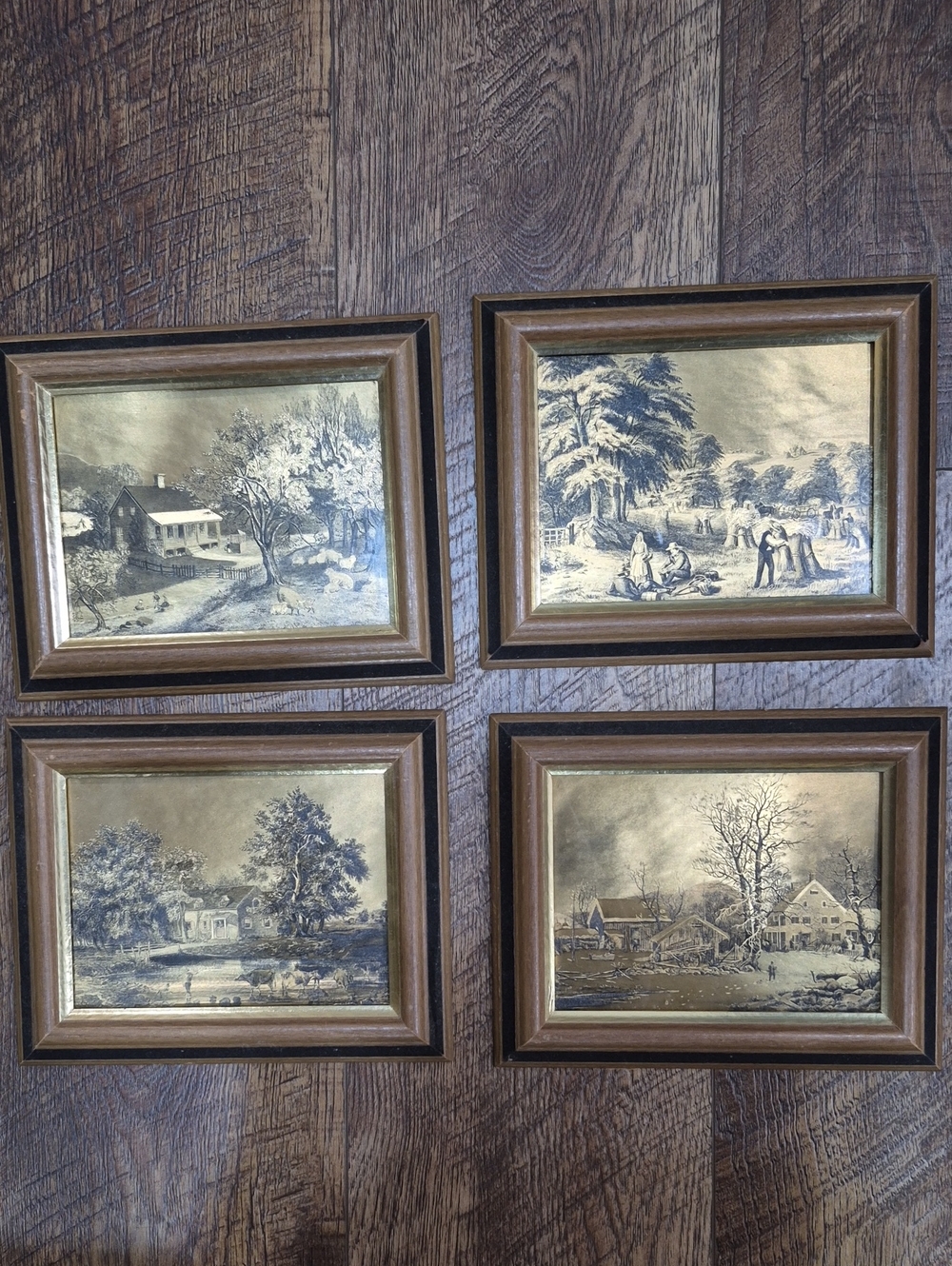 Vintage Currier & Ives 6x8 Metallic Gold Foil Prints Lot Of 4 Farmhouse Country